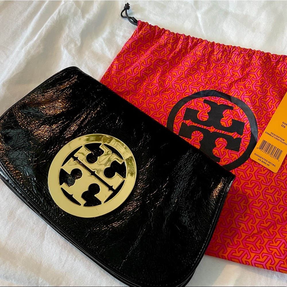 Tory Burch black leather clutch with gold hardware